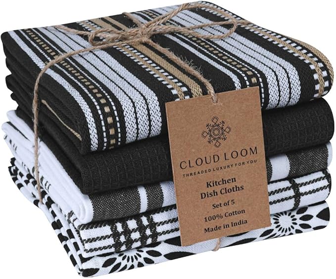 Assorted Kitchen Towels Large 16x26 inch 100% Cotton Set of 5 - Soft Absorbent Washable Tea Towel for Kitchen - Dish Cloths Towel with Hanging Loop - Quick Drying Dish Towels Black