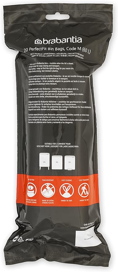 Brabantia PerfectFit Trash Bags (Size M/16 Gal) Thick Plastic Trash Can Liners with Drawstring Handles (120 Bags)