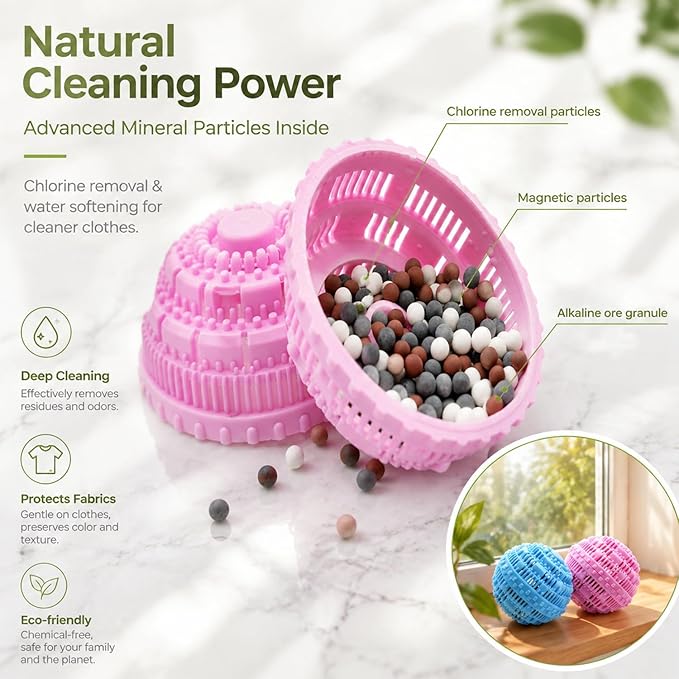 Laundry Balls Set, Eco-Friendly Super Washing Machine Laundry Ball, All Natural Washer Ball Laundry Detergent Alternative, Household Can Be Reused 2000 Washings(2pcs Balls, Pink,Blue)