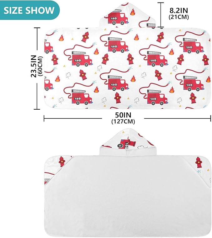 susiyo Kids Hooded Bath Towel Fire Truck Beach Towel for Kids 23.5 x 50 Inch Microfiber Soft Absorbent Quick Dry Bath Swim Pool Towel Wrap Poncho Bathrobe with Hood for Kids Toddler