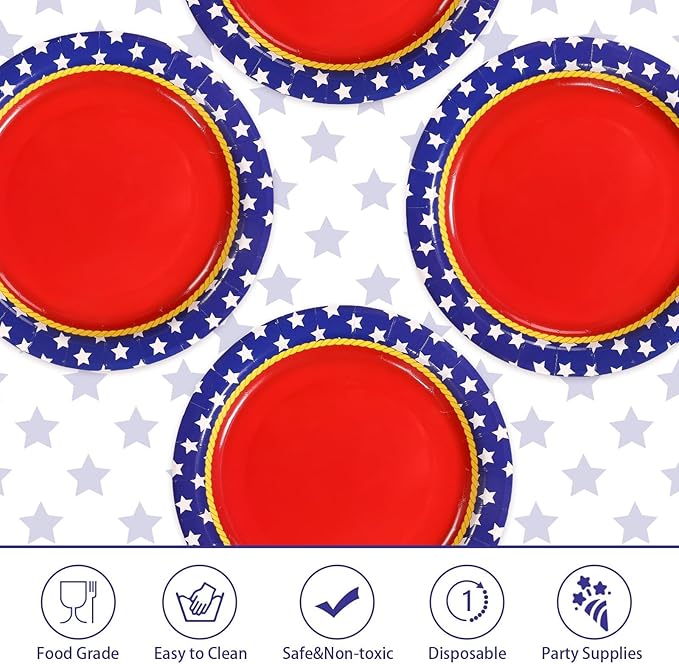 50Pcs Red White and Blue Round Paper Plates 9 Inch Super Theme Hero Red Stars Birthday Dessert Plates Girl Hero Theme Party Decorations for Women Girls Super Patriotic Labor Day Party Decorations