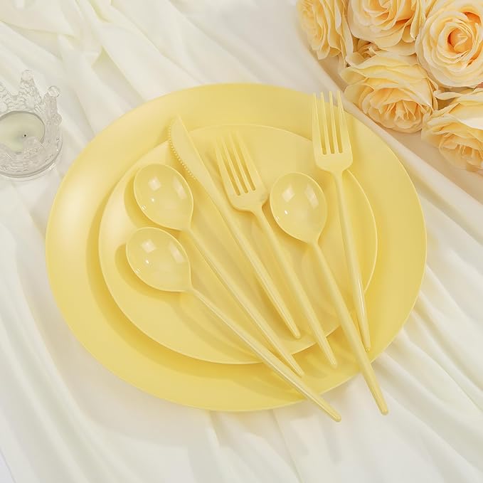 ejonirinjonir EI 150pcs Yellow Plastic Plates,Heavy Duty Bright Disposable Plate,Fancy Plastic Plates for Party,Yellow Dishes for Wedding,Easter,Afternoon Tea Party,Spring