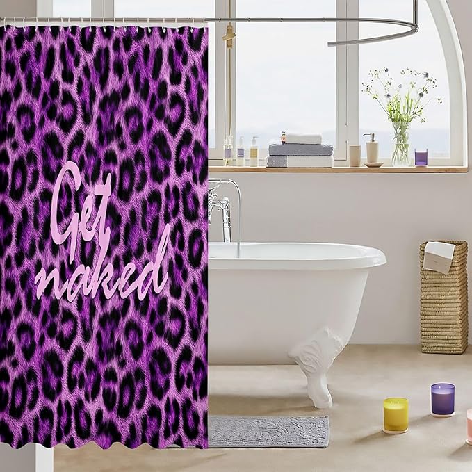 Feelyou Leopard Print Get Naked Shower Curtain for Bathroom Decor Funny Quotes Bath Curtain Purple Bathroom Accessories Cheetah Waterproof Polyester Fabric for Stalls Bathtubs 72"x84"