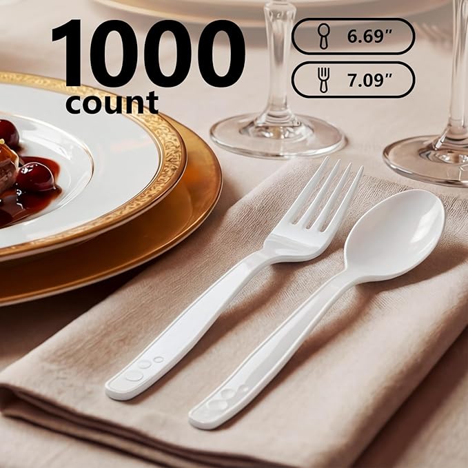 SACATR 1000 Count White Plastic Cutlery Set (500 Spoons 500 Forks) Heavy Duty Disposable Bulk Silverware for Restaurant Catering Events