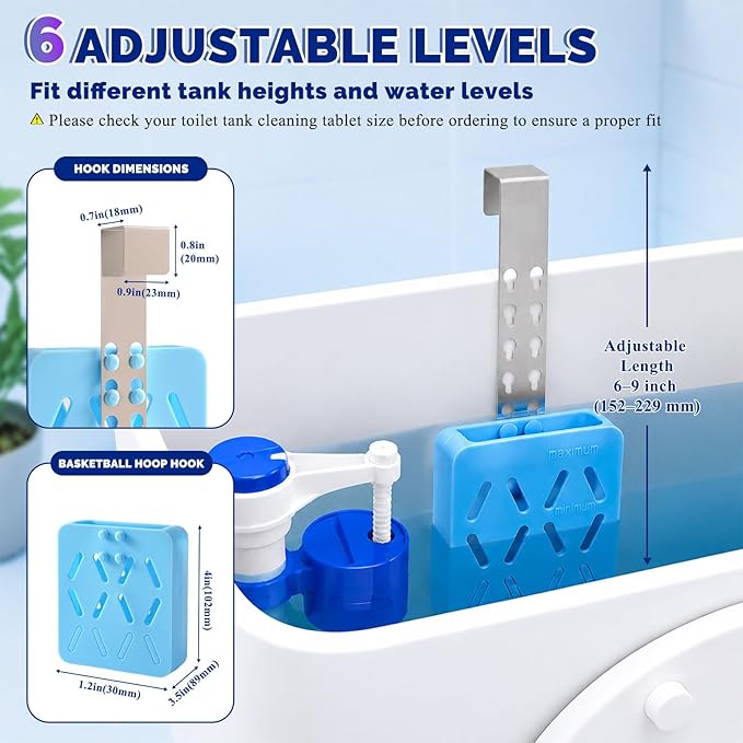 Toilet Tank Tablet Holder Adjustable 6 Levels, Silicone Toilet Cleaner Holder with Stainless Steel Hook, Hanging Bleach Tablet Holder, Prevents Flapper Jam, Universal Fit for Toilet Tank