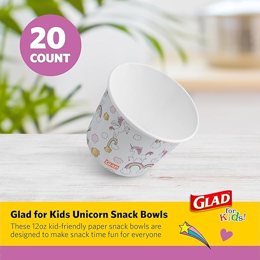 Glad for Kids Unicorns Paper Snack Bowls, Disposable Paper Bowls for Kids Snacks and Parties, Sturdy Microwave Safe Bowls for Everyday Use and Easy Cleanup, 12 Oz, 20 Count
