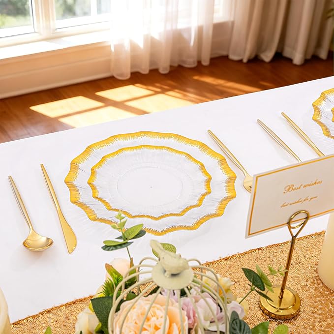 DaYammi 60Pcs Clear Plastic Plates with Gold Rimmed - Gold Disposable Plates Set Including 30pcs Dinner Plates,30pcs Dessert Plates with Radial Texture for Party & Wedding