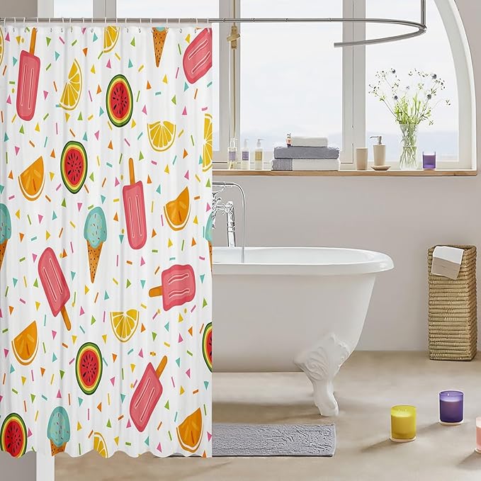 Fruits Bath Curtain Girls Cartoon Ice Cream Bathroom Shower Curtain Set Cute Watermelon Orange Shower Curtain For Kids Girly Vibrant Sweet Summer Waterproof Shower Curtain with Hooks 72x72 Inch