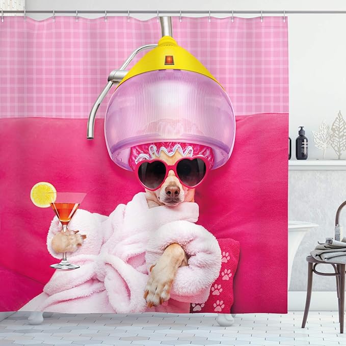 Ambesonne Funny Shower Curtain, Chihuahua Dog Relaxing and Lying in Wellness Spa Fashion Puppy Comic Print, Cloth Fabric Bathroom Decor Set with Hooks, 69" W x 84" L, Pink Magenta