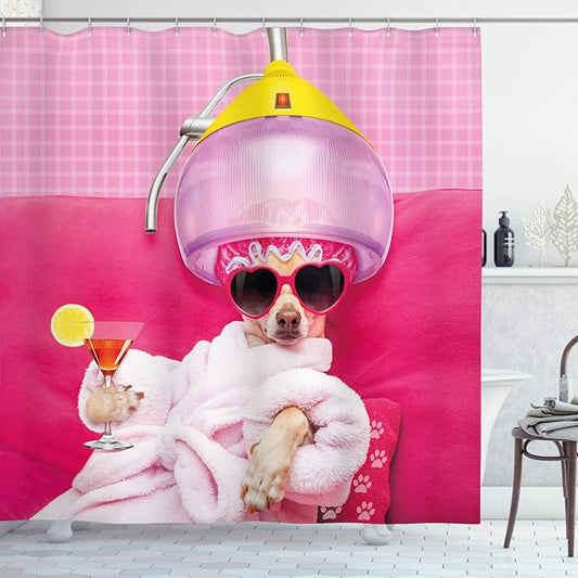 Ambesonne Funny Shower Curtain, Chihuahua Dog Relaxing and Lying in Wellness Spa Fashion Puppy Comic Print, Cloth Fabric Bathroom Decor Set with Hooks, 69" W x 84" L, Pink Magenta