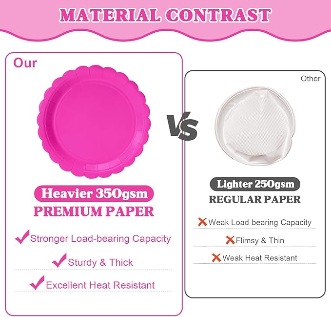 Vyntra 350 Pcs Hot Pink Disposable Paper Plates and Napkins Set for 50, 9" Dinner Plates & 7" Dessert Plates, Tableware for Birthday, Bachelorette, Party