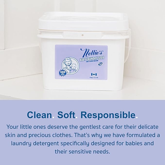 Nellie’s Baby Laundry Soda – Powdered Laundry Detergent Safe for Infants’ Sensitive Skin, Fragrance-Free & Gentle Formula – 500 Loads - Made in Canada