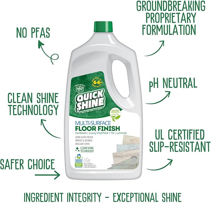 Quick Shine Multi-Surface Floor Finish-Polish 64oz-4pk | Safer Choice, No PFAS, pH Neutral Clean Shine Technology | Squirt & Spread | For Wood, Laminate, LVP, LVT, Tile & Stone | Made in USA