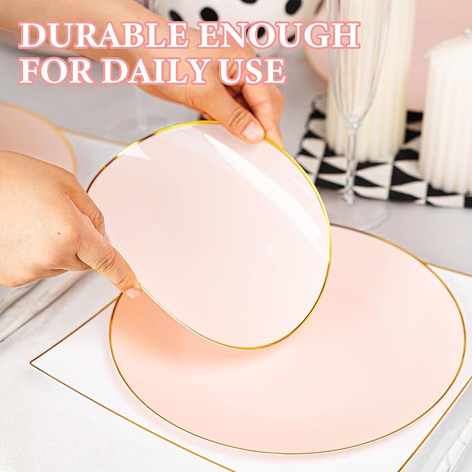 Lullaby 100PCS Pink and Gold Plastic Plates, Disposable Pink Plastic Plate with Gold Rim, 50PCS Dessert Plates 7" and 50PCS Dinner Plates 10", Perfect for Party Wedding and Daily Use