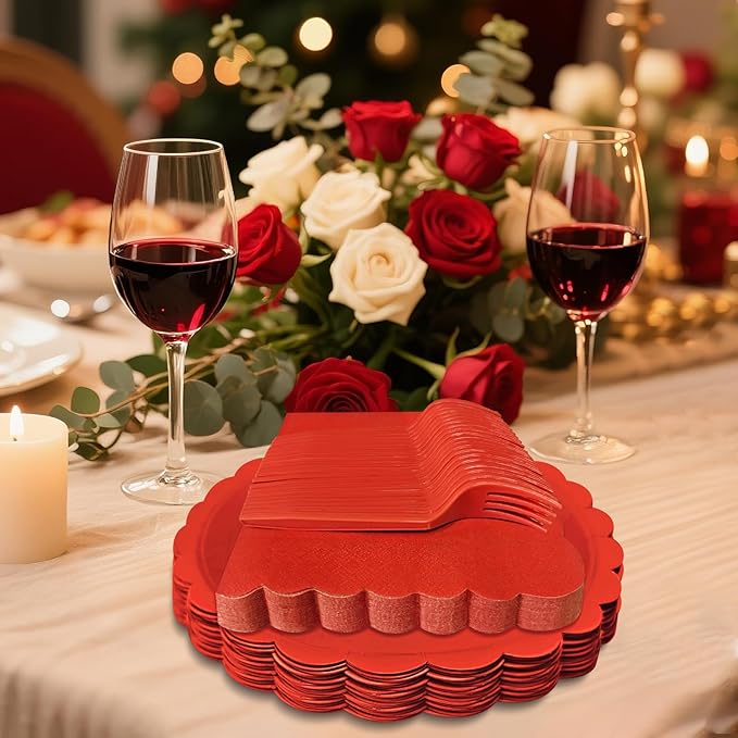 Red Paper Plates and Napkins,7 Inch Red Scalloped Disposable Dessert Plates Paper Napkin Fork Party Supplies for Wedding Baby Shower Birthday(25 Guest)