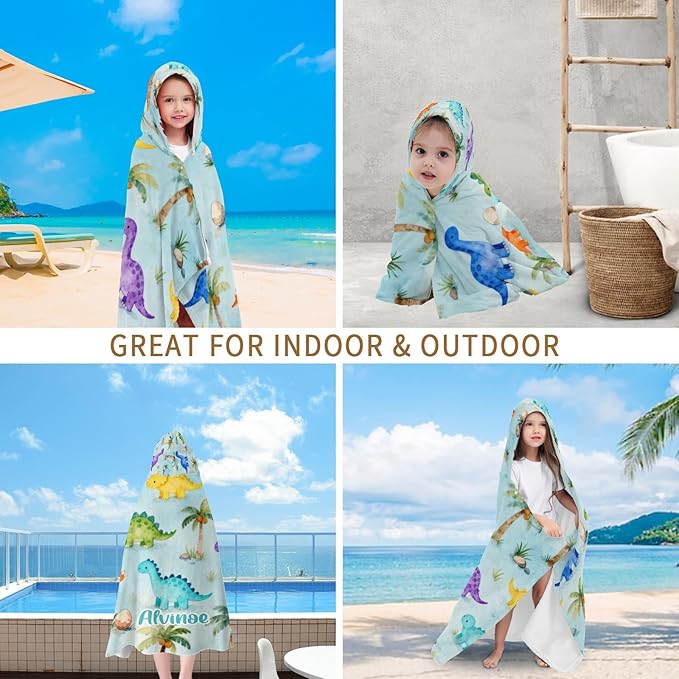 Forest Dinosaur Personalized Hooded Towel Absorbent Wrap Soft Pool Beach Bath Towels Hood Poncho for 5-12 Years Kids Boys Girls