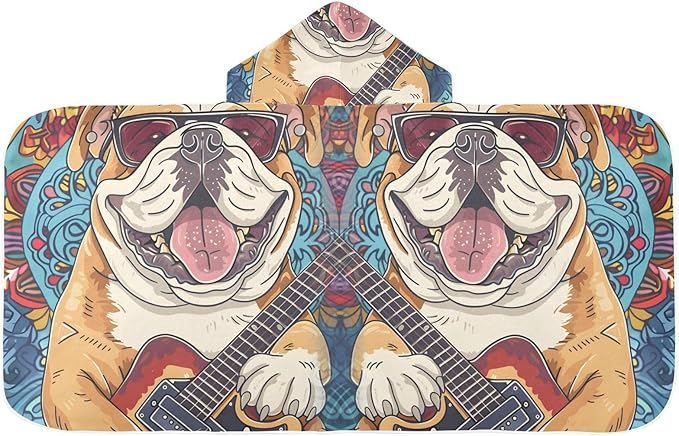 Hooded Towel for Kids Happy Bulldog Playing Guitar Beach Wrap Bath Towels 50x23.5in