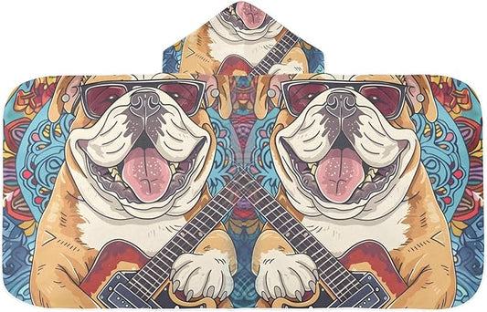 Hooded Towel for Kids Happy Bulldog Playing Guitar Beach Wrap Bath Towels 50x23.5in