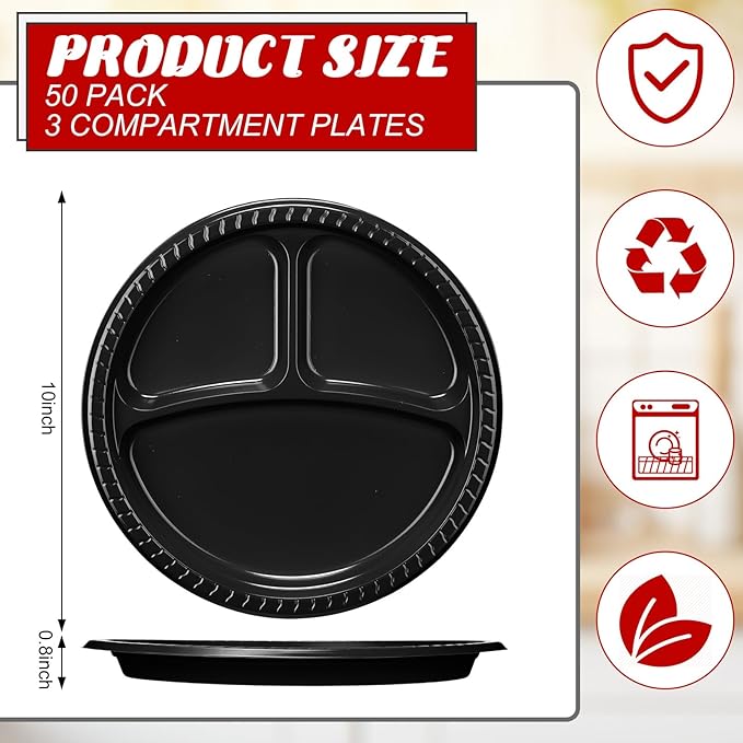 Teenyyou 50 Pcs 10 Inch Plastic 3 Compartment Divided Plates Heavy Disposable Plates Duty Round Dinner Plates with Dividers for Wedding Birthday Party Dinnerware(Black)