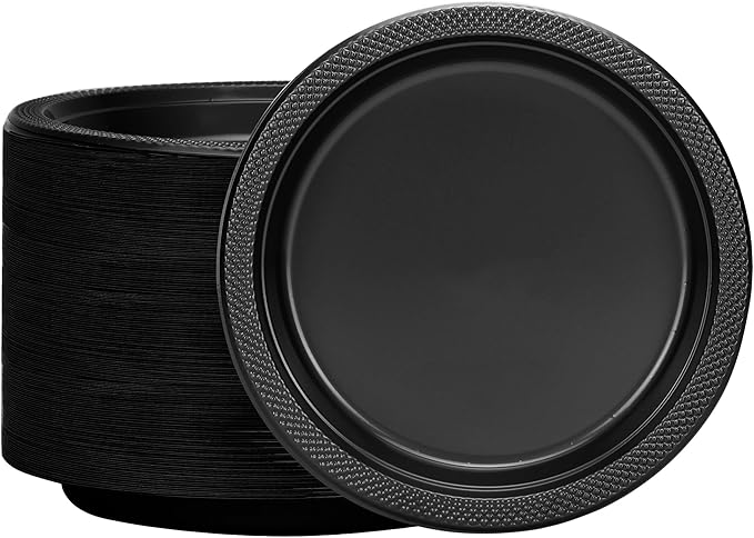 Hanna K. Signature Black Plastic Plates 7 Inch 600 Count – Heavy Duty Disposable Dessert Plates Bulk for Catering, Weddings & Events