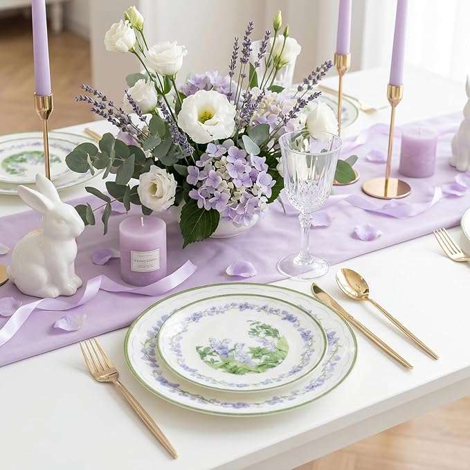 30Pcs Clear and Purple Plastic Plates - Purple Lily of the Valley Plates Disposable Heavy Duty, Perfect for Weddings, Tea Parties, Holidays - 10.25" Dinner & 7.5" Dessert Plastic Plate