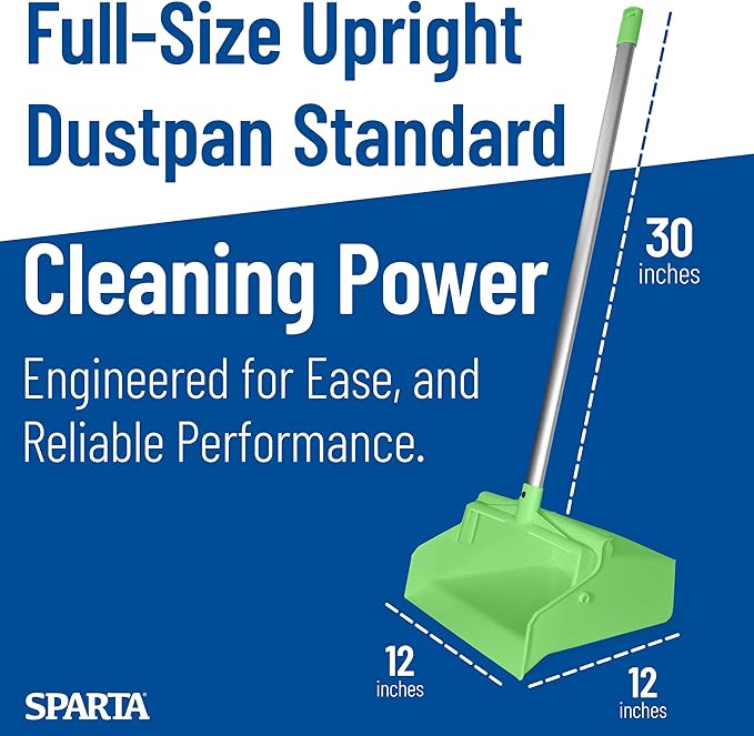 SPARTA Upright Dustpan with Aluminum Handle, Serrated Edge for Broom Combing, Secure Yoke Lock with Easy Storage Hanging Hole for Commercial Cleaning, Plastic, 30 Inches, Lime