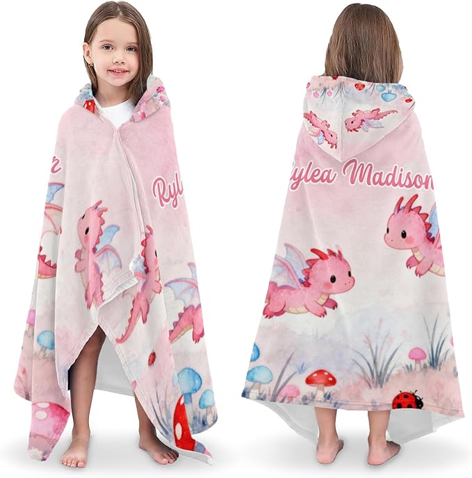 Pink Dragon Mushroom Personalized Hooded Towel Absorbent Wrap Soft Pool Beach Bath Towels Hood Poncho for 5-12 Years Kids Boys Girls