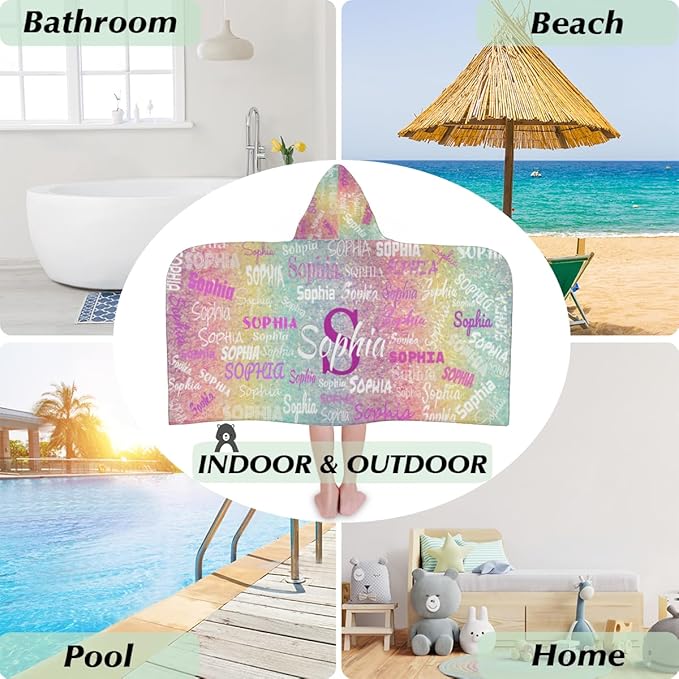 Custom Kids Hooded Beach Towel with Name, Swimsuit Cover-up Wrap Travel Holiday Bath Towel with Snaps, One Size, Colorful Rainbow Glitters Effect Name Ranked Print
