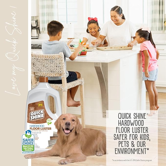 Quick Shine Hardwood Floor Luster-Polish 64oz | Plant-Derived w/Carnauba | Safer Choice, No PFAS, pH Neutral | Ready to Use Formula w/Anti-Slip Technology | Simply Squirt & Spread | Made in USA