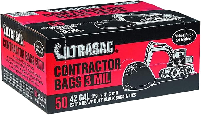 Ultrasac Heavy Duty Contractor Bags (VALUE 50 PACK/w TIES), 42 Gallon, 32.75" X 47" - 3 MIL Thick Large Black Industrial Garbage Trashbags for Construction and Commercial use