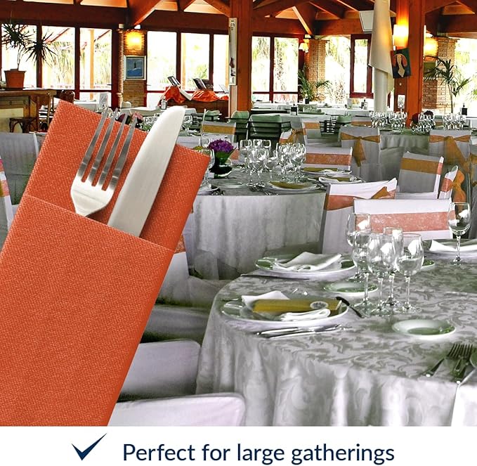 PAW - Terracotta Linen Feel Napkins with Built-in Flatware Pocket, Airlaid Paper Pre-Folded Napkins for Silverware, Wedding Party, Dinner, Birthday, Gatherings, 50 Count
