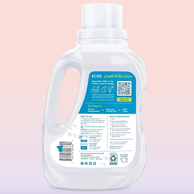 ECOS Laundry Detergent Liquid, 100 Loads - Dermatologist Tested Laundry Soap - Hypoallergenic, EPA Safer Choice Certified, Plant-Powered - Free & Clear, 50 Fl Oz (Pack of 2)