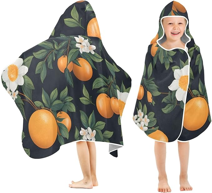 Hooded Towel for Kids Orange Fruit and Flowers Pattern Beach Wrap Bath Towels 50x23.5in