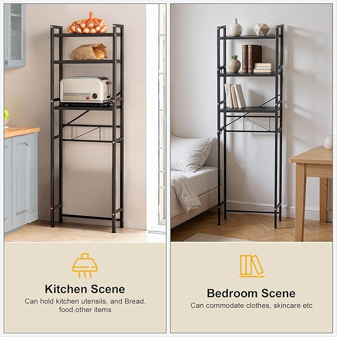 Over The Toilet Shelf, 3-Tier Adjustable Freestanding Metal Bathroom Organizer Shelves with Hooks,Space-Saving for Narrow Small Bathroom,18.9" Wx7.9 D x65 H