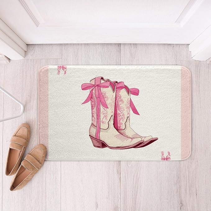 Western Cowgirl Kids Bath Mats,Cowgirl Boots Bowknot Pink White Mats Rugs for Girls,Bow Tie Paisley Baroque Tribal Bath Carpets,Rustic Retro Bath Rugs,Absorbent Floor Mats,16Wx24L Inches