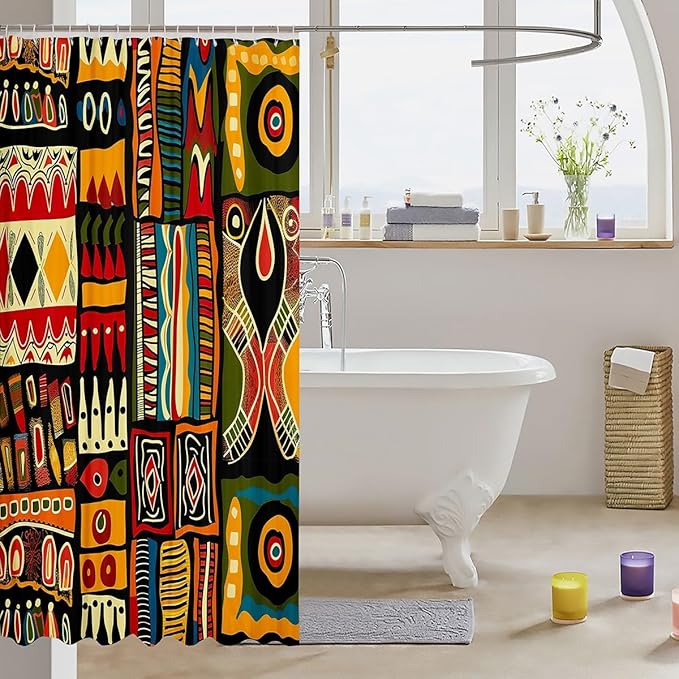 African Pattern Shower Curtain for Kids Adults African Woman Bathroom Shower Curtain Set Ethnic Afro Decor Bath Curtain Colorful Tribal Historical Waterproof Shower Curtain with Hooks 72x72 Inch