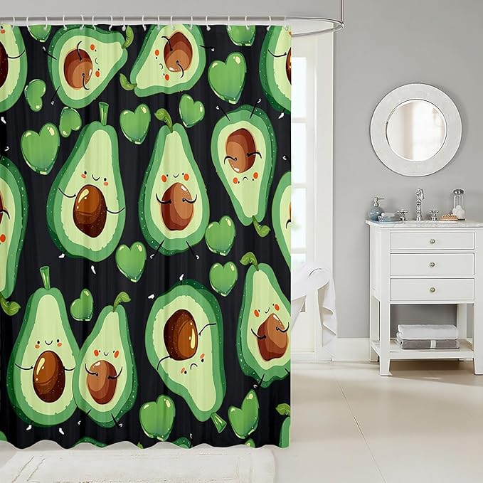 Manfei Kids Cute Avocado Shower Curtains Green Grey Hearts Print Bathroom Curtains for Girls Teens, Cartoon Fruits Theme Waterproof Bath Curtains with 12 Hooks Suits for Bathtub, 72" W x 72" L