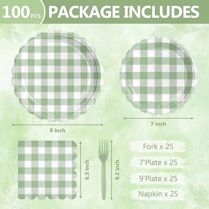 Mulbozy 100 Sage Green Gingham Plates and Napkins Disposable Set Includes 25-9" & 25-7" Dessert Cake Scalloped Plates, Cocktail Napkins, Forks for for Holiday Party Supplies