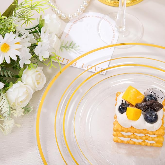 FLOWERCAT 100PCS Clear Plates with Gold Trim - Heavy Duty Clear and Gold Plastic Plate Disposable for Birthday Party/Wedding Include 50PCS 10.25inch Dinner Plates - 50PCS 7.5inch Cake Plate