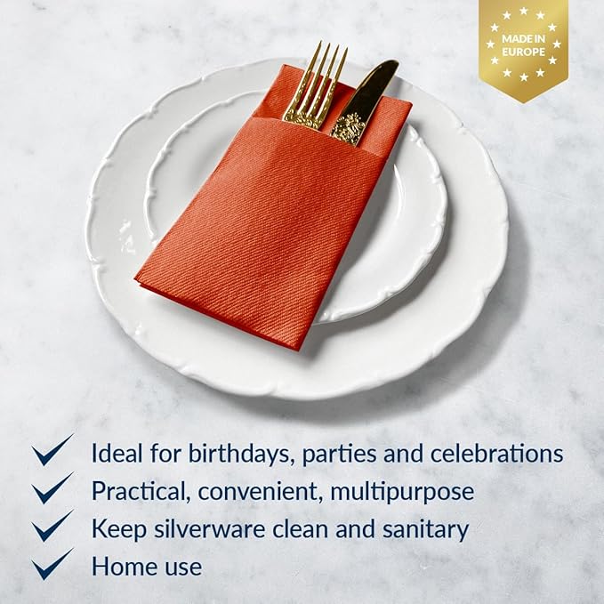 PAW - Terracotta Linen Feel Napkins with Built-in Flatware Pocket, Airlaid Paper Pre-Folded Napkins for Silverware, Wedding Party, Dinner, Birthday, Gatherings, 50 Count