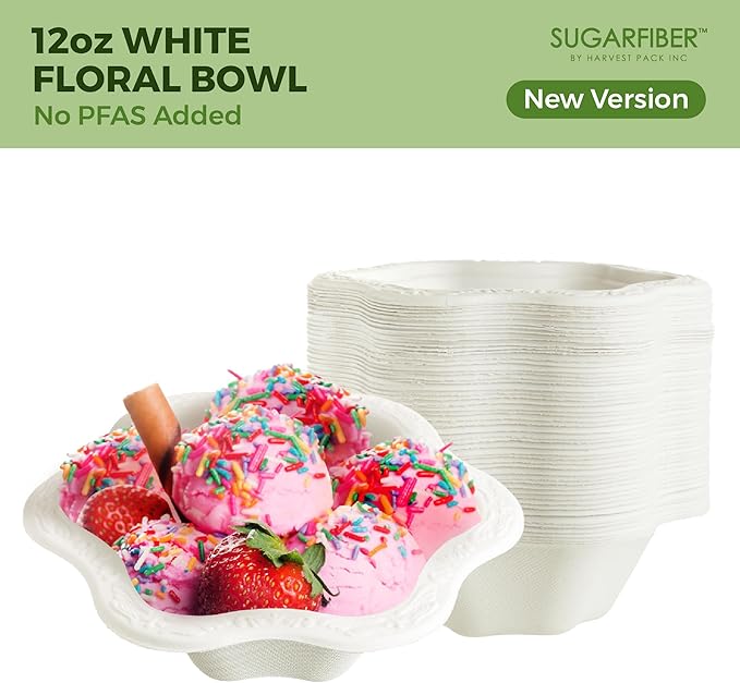 [50 COUNT]12oz Compostable Floral White Paper Bowls, Scalloped Party Bowls, Eco Friendly Plastic-Free ice cream Bowl, Acanthus Natural Sugarcane Disposable Bagasse Bowls for Dessert, New Version