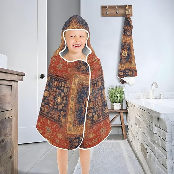 Hooded Towel for Kids Retro Tribe Red Golden Pattern Beach Wrap Bath Towels 50x23.5in