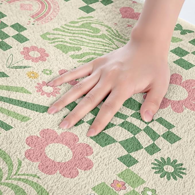 Cartoon Daisy Flowers Kids Bath Mats,Geometric Plaid Checkerboard Stripe Patchwork Mats Rugs for Girls,Rainbow Grid Bath Carpets,Green Unique Bath Rugs,Absorbent Floor Mats,20Wx32L Inches