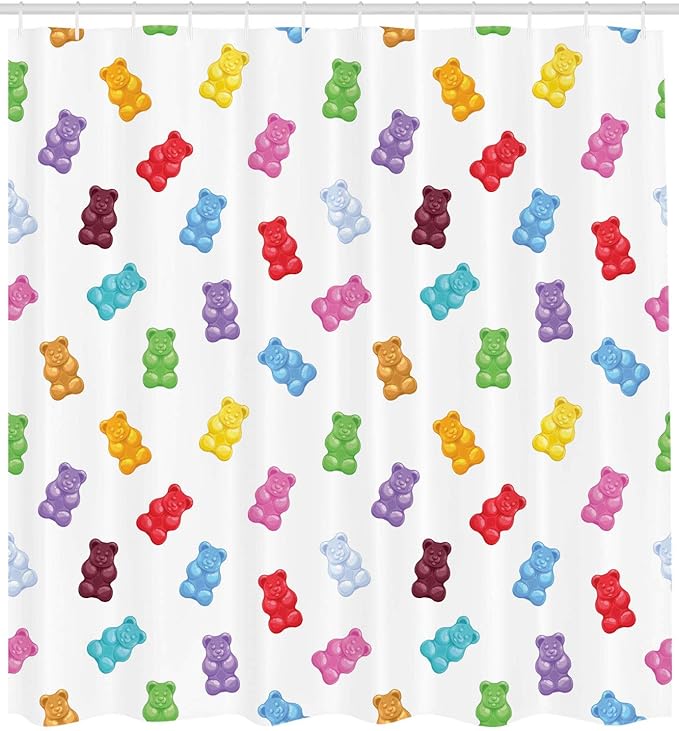 Ambesonne Sweets Shower Curtain, Colorful Gummy Bears Candy Yummy Jelly Playroom Theme, Cloth Fabric Bathroom Decor Set with Hooks, 69" W x 84" L, Pastel Yellow