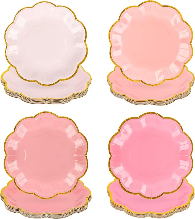 AimFun 48 Pcs Pink Party Plates Gradient Pink Dessert Paper Plates 7inch Gold Foil Scalloped Edge Disposable Cake Plates for Mothers Day Birthday Bridal Baby Shower Wedding Party Supplies