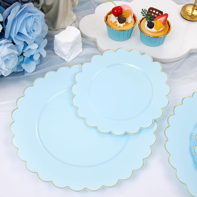 LIYH 60 Pcs Baby Blue Plastic Plates with Gold Edge - Disposable Light Blue Plastic Plates Includes 30 Dinner Plate 10.25" and 30 Dessert Plate 7.5" for Party Birthday Wedding