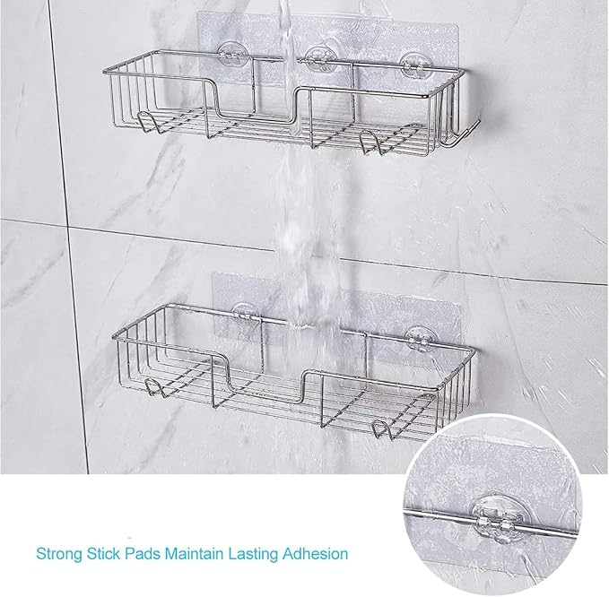 Shower Shelf with Hooks,No Drilling Adhesive Shower Shelf for Bathroom Storage,Rustproof Shower Organizer