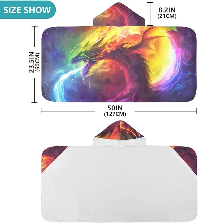 SUABO Kids' Bath Towels Fire Dragon Rainbow Hooded Towels for Boys Girls,Toddler Towels Multi-Purpose for Beach,Pool and Bathroom,23.5" x 50", Soft and Highly Absorbent