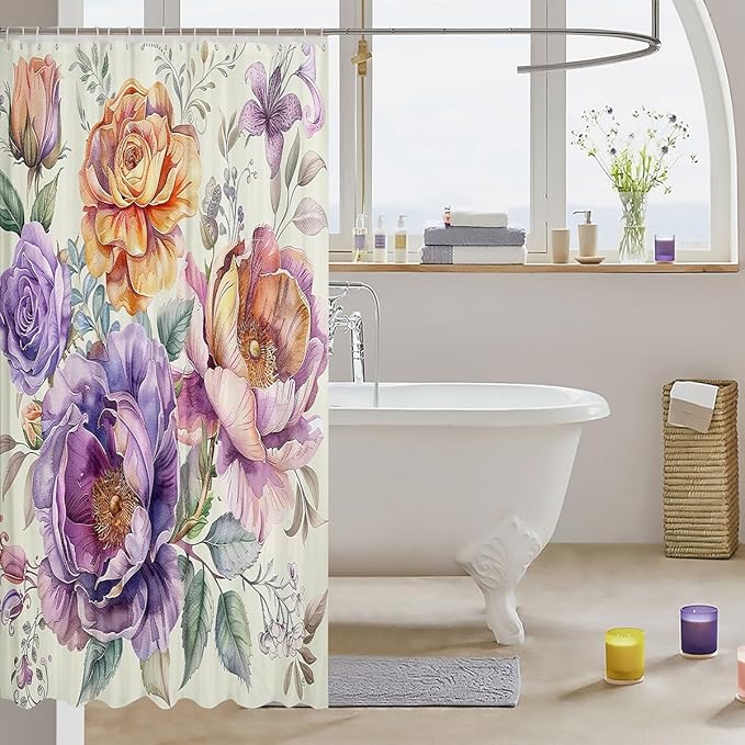 Peony Flower Waterproof Shower Curtain - Luxury Heavy Fabric Floral Botanical Bathroom Decor for Hotel, Home, Dorm, Bathtubs - Machine Washable With Grommets - 72 x 84 Inch