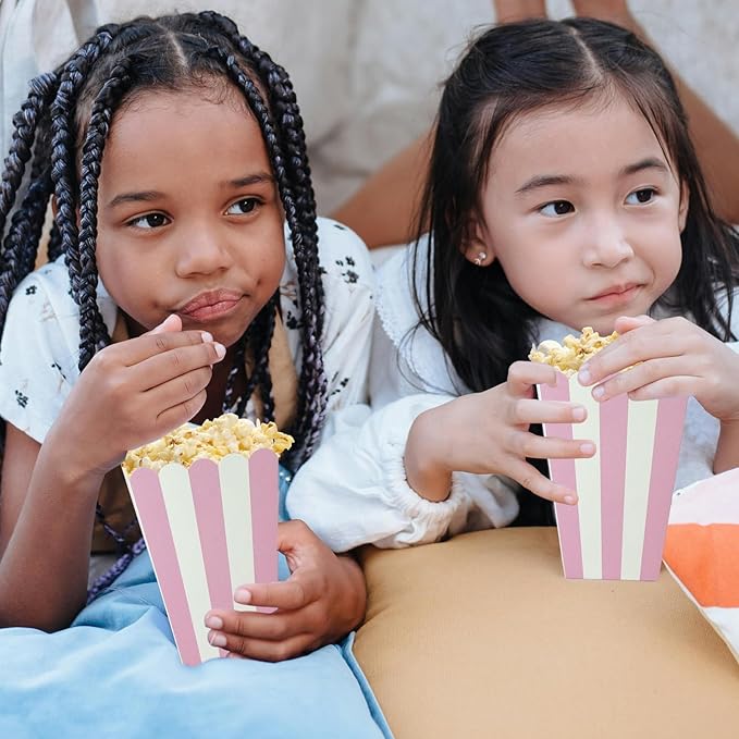 XIEHE 24 Pack Striped Popcorn Boxes - Carnival Parties Mini Paper Popcorn and Candy Containers, Party Supplies for Movie Nights (Pink)